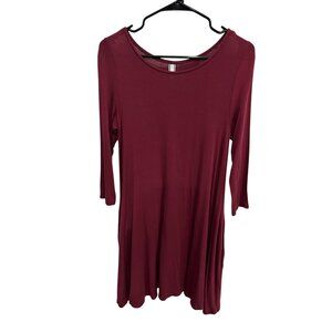 Emetla Womens Burgundy Knee Length Dress 3/4 Sleeves Soft Flowy Fabric Pockets E